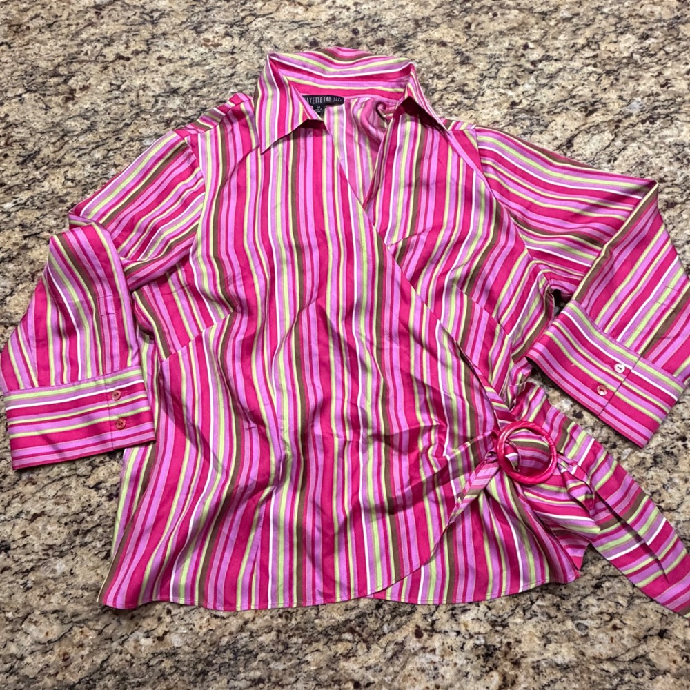 Lafayette 148 New York Wrap Blouse Pink Green‎ Striped Ring Buckle Size 14